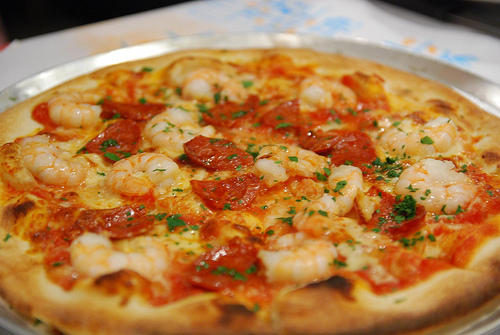 Wood fired pizza with prawns